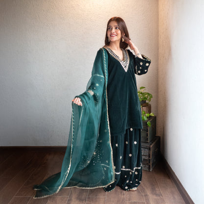 Green velvet hand embroidered sharara set with Dupatta