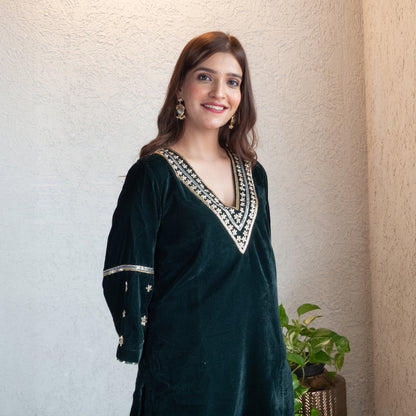 Green velvet hand embroidered sharara set with Dupatta