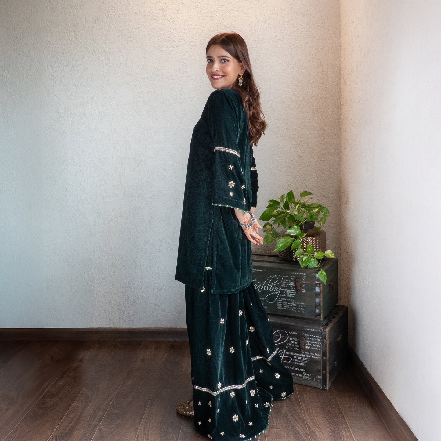 Green velvet hand embroidered sharara set with Dupatta
