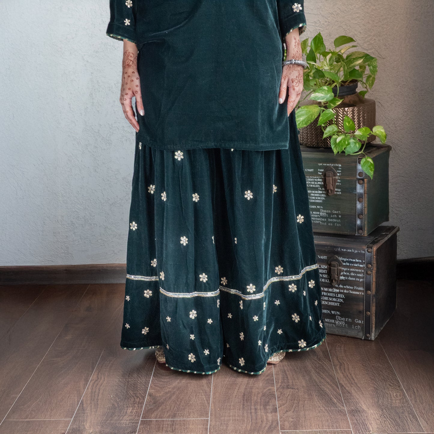 Green velvet hand embroidered sharara set with Dupatta