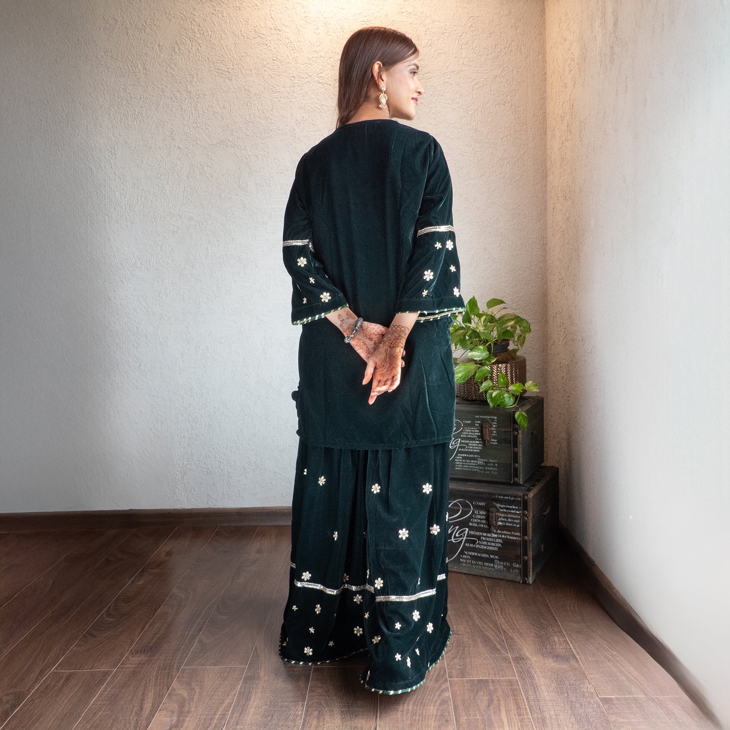 Green velvet hand embroidered sharara set with Dupatta