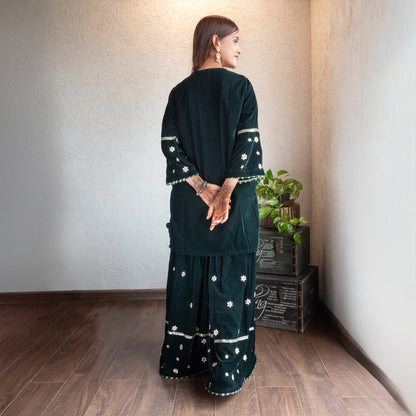 Green velvet hand embroidered sharara set with Dupatta
