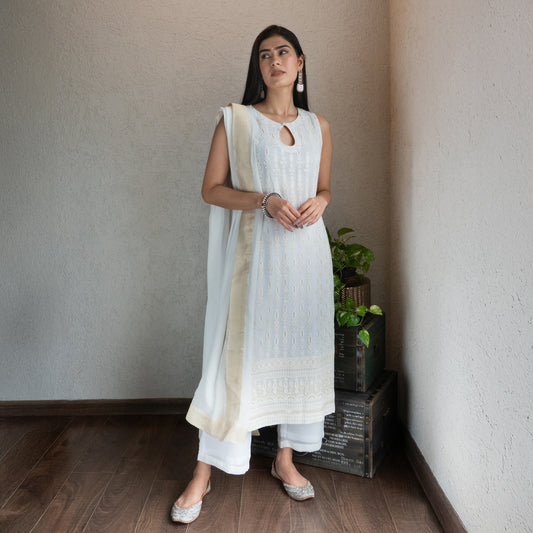 Off white embroidered Kurta set with Dupatta