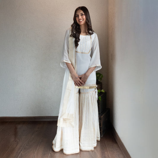 Off white Georgette kurta and Embroidered Sharara set with Dupatta