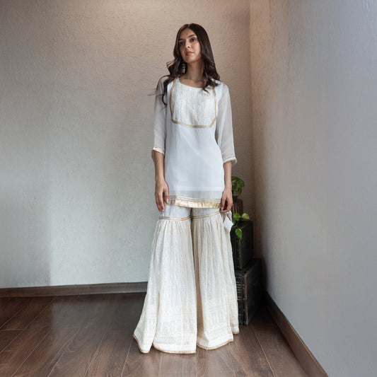 Off white Georgette kurta and Embroidered Sharara set
