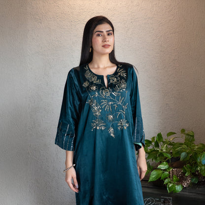 Teal Mashru Silk hand embroidered Kurta