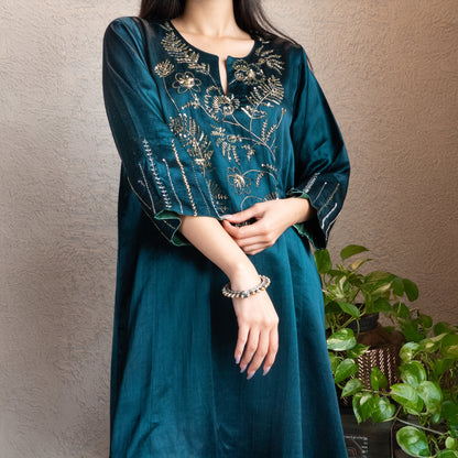 Teal Mashru Silk hand embroidered Kurta