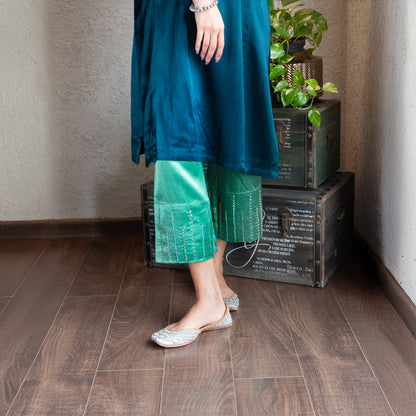Teal Mashru Silk hand embroidered Kurta set