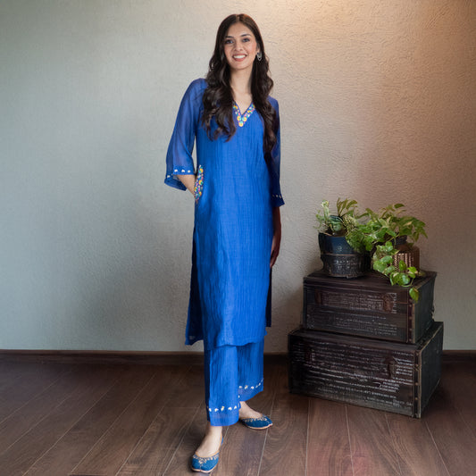 Blue Chanderi Embroidered kurta set