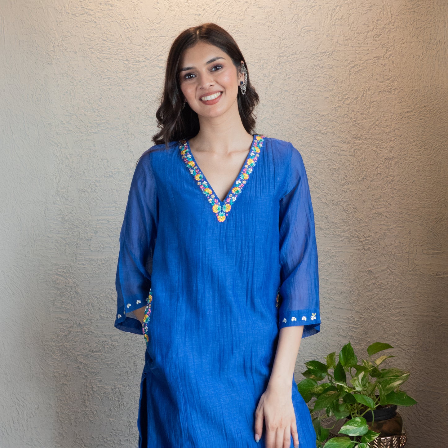 Blue Chanderi Embroidered kurta set