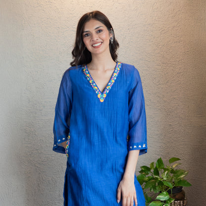 Blue Chanderi Embroidered kurta set