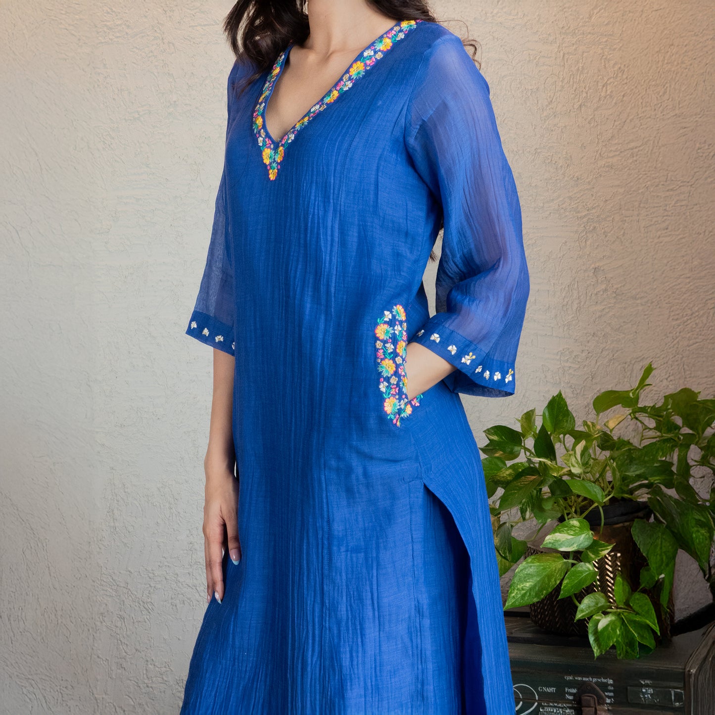 Blue Chanderi Embroidered kurta set