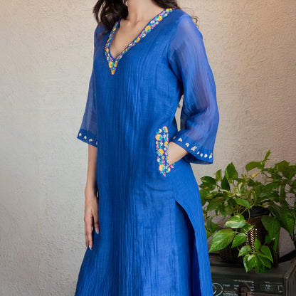 Blue Chanderi Embroidered kurta set