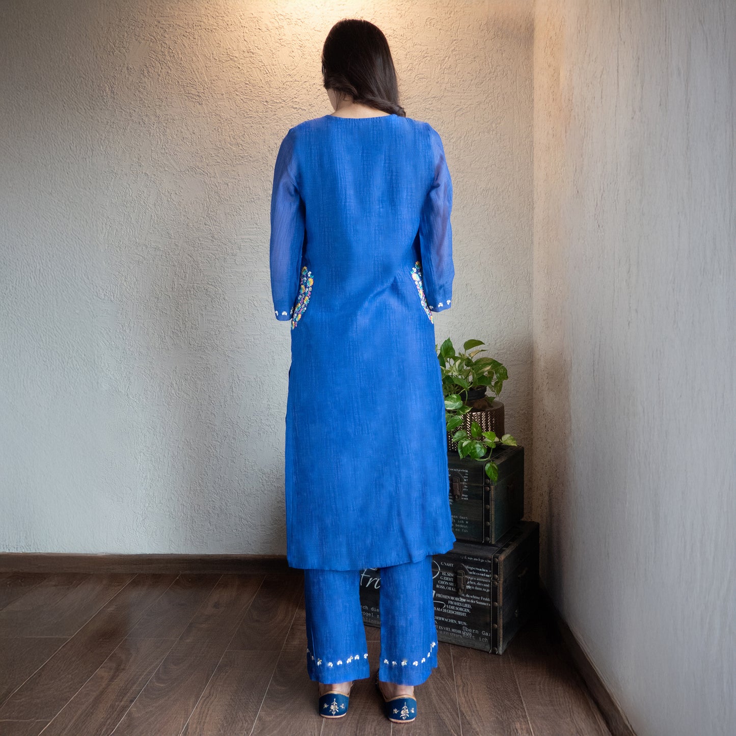 Blue Chanderi Embroidered kurta set
