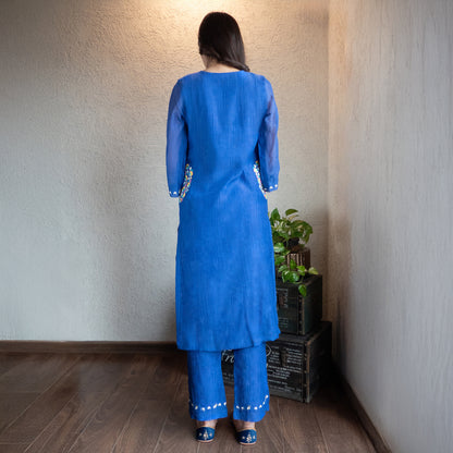 Blue Chanderi Embroidered kurta set