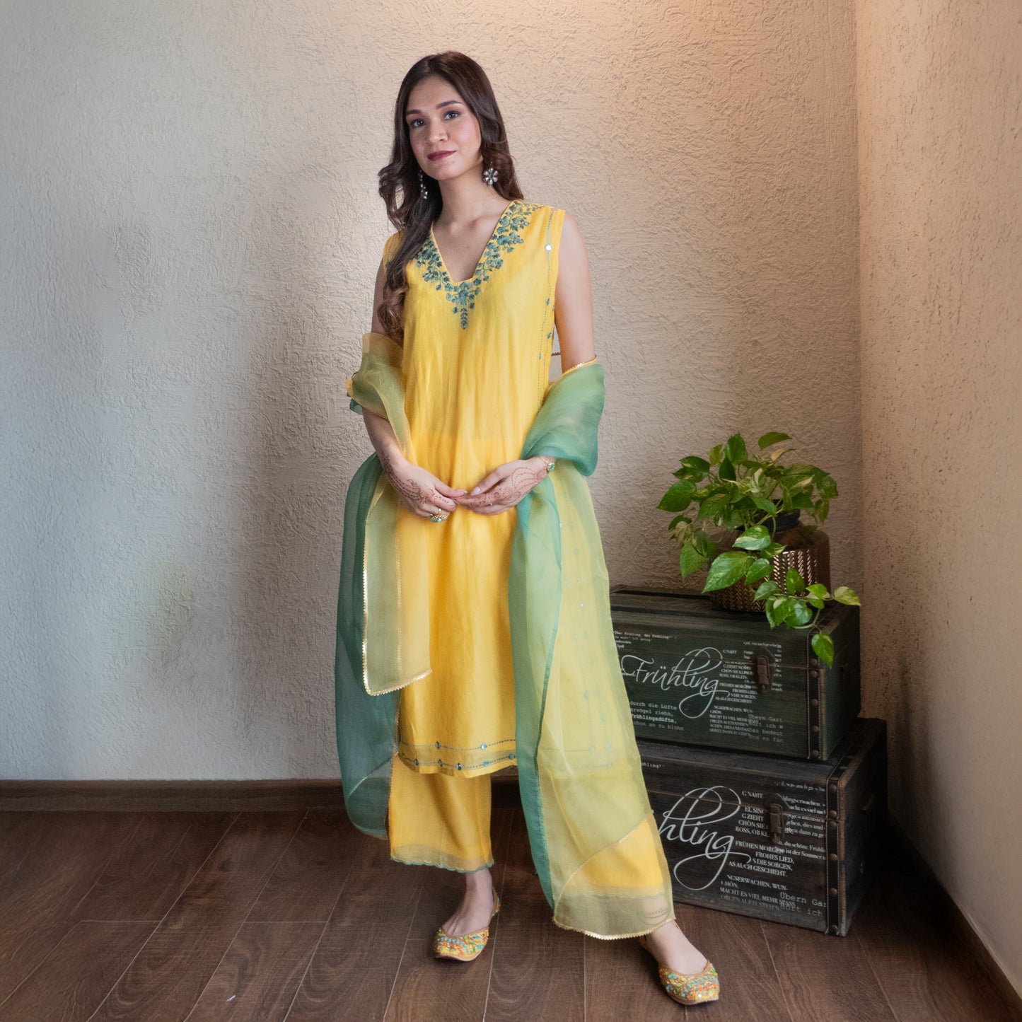 Yellow Chanderi Mirrorwork embroidered Kurta set with Dupatta