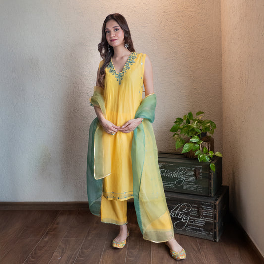 Yellow Chanderi Mirrorwork embroidered Kurta set with Dupatta