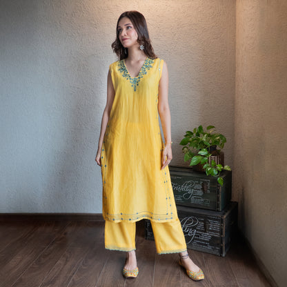 Yellow Chanderi Mirrorwork embroidered Kurta set