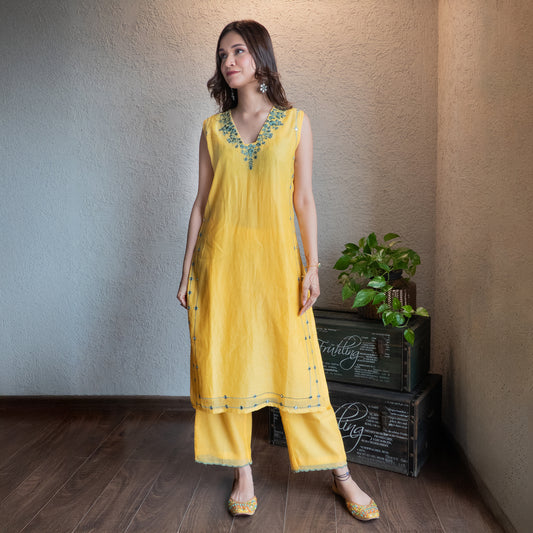 Yellow Chanderi Mirrorwork embroidered Kurta set