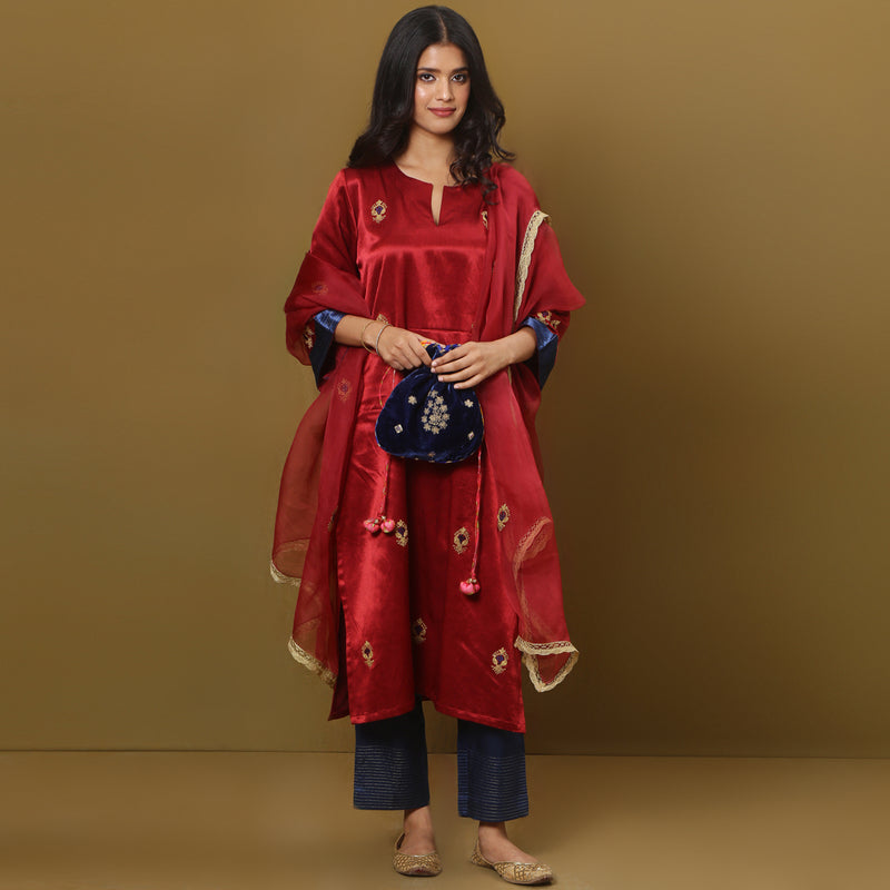 Embroidered mashru silk kurta set with dupatta