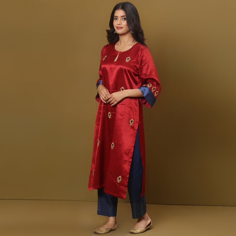 Embroidered mashru silk kurta set