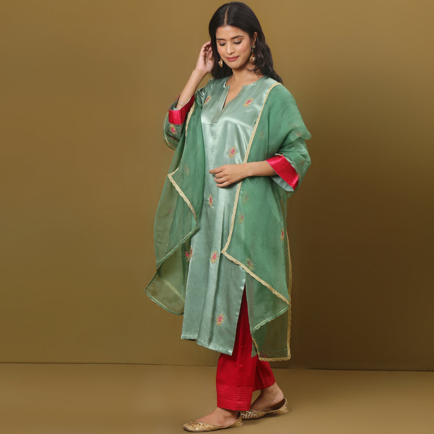 Embroidered mashru silk kurta set with dupatta