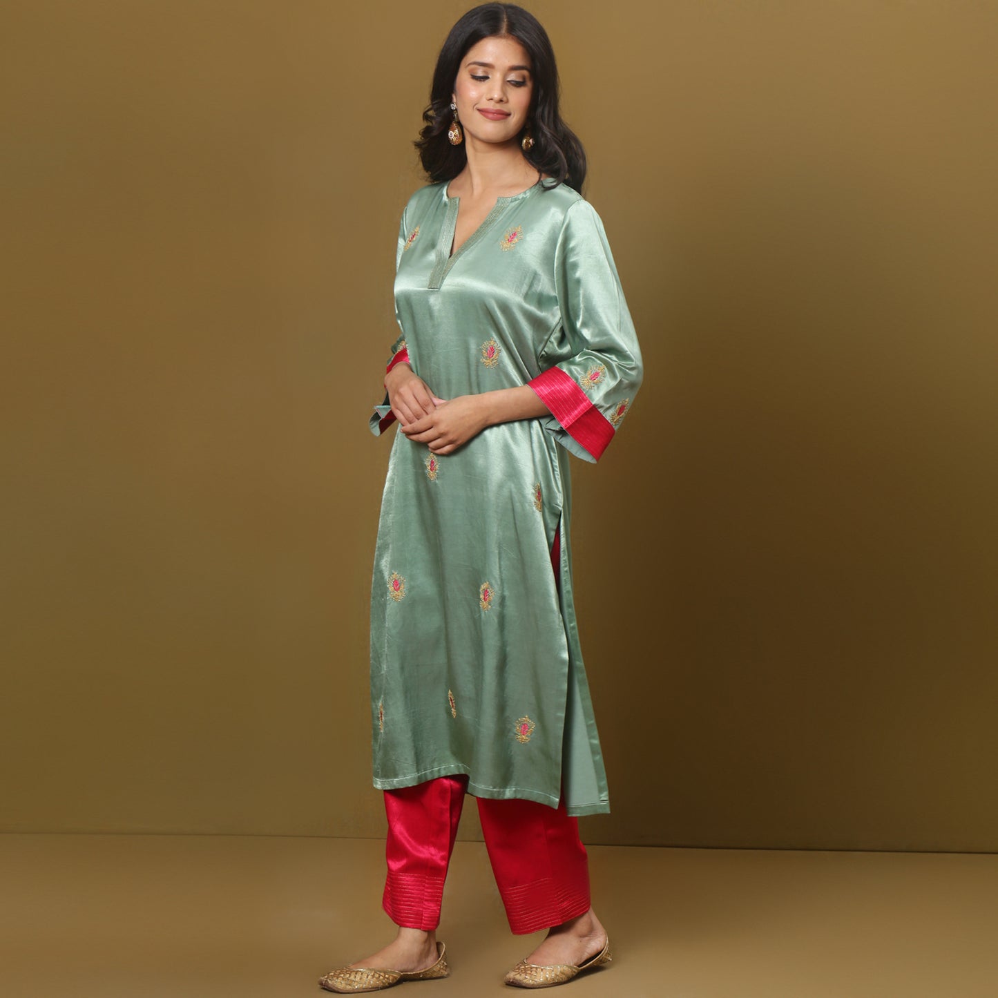 Embroidered mashru silk kurta set