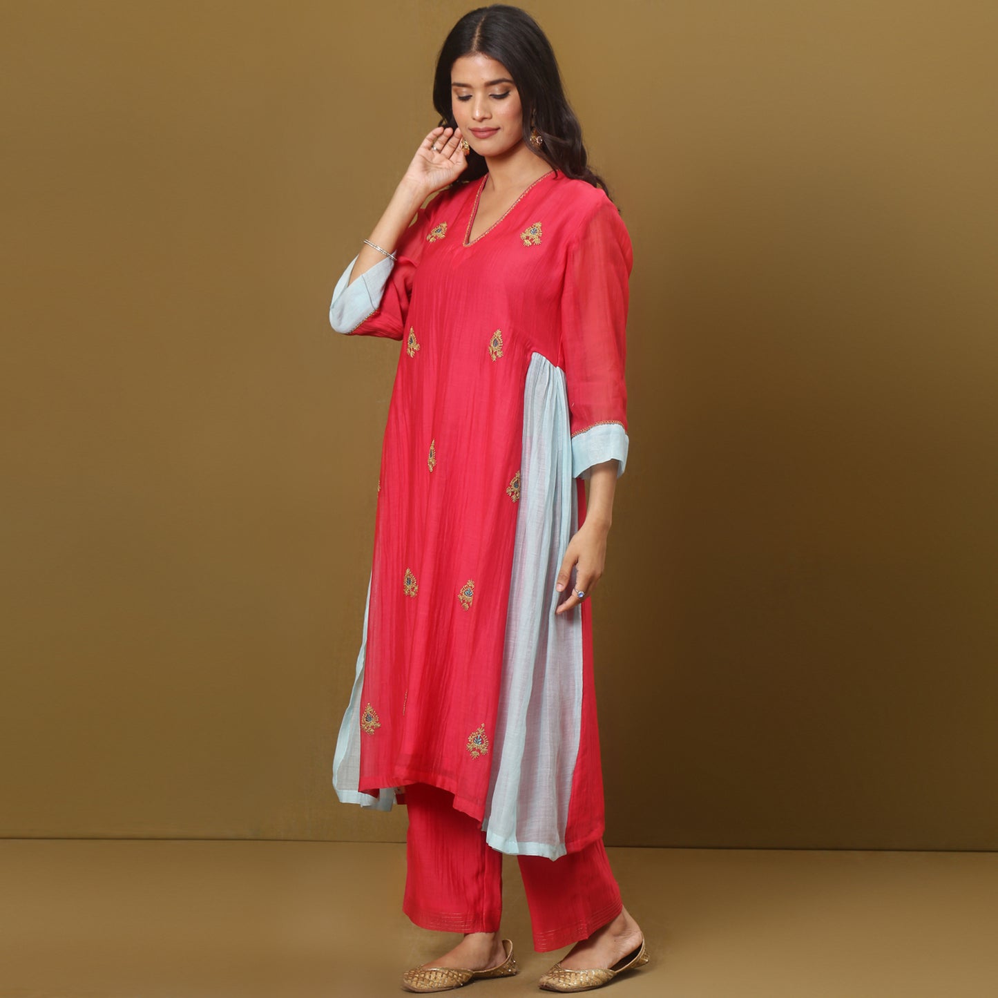 Fuschia Chanderi A-line kurta set with Dupatta