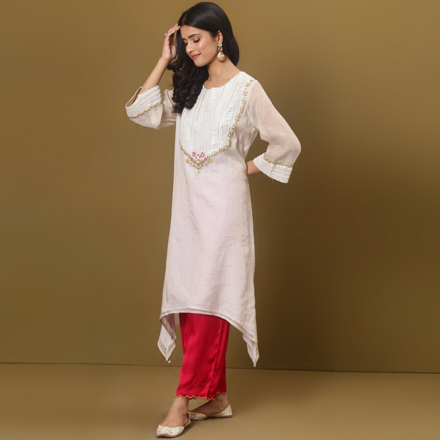 Off-white embroidered asymmetric kurta set with dupatta
