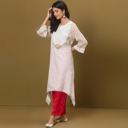 Off-white embroidered asymmetric kurta set with dupatta