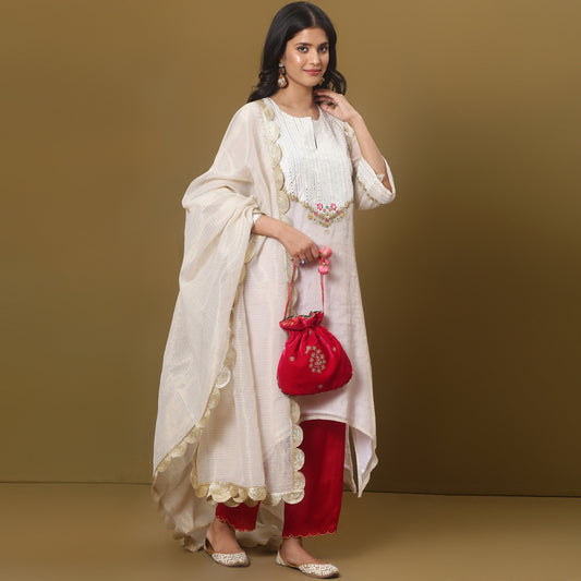 Off-white embroidered asymmetric kurta set with dupatta