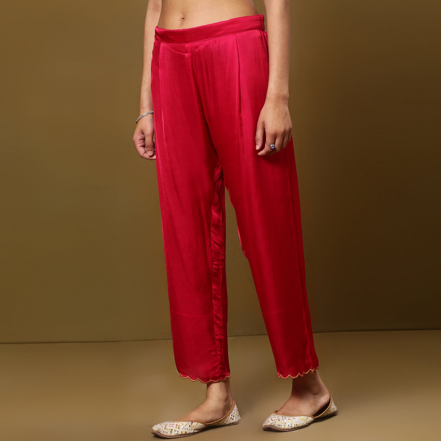 Fuschia pink Ankle pants with scallop zari work detailing