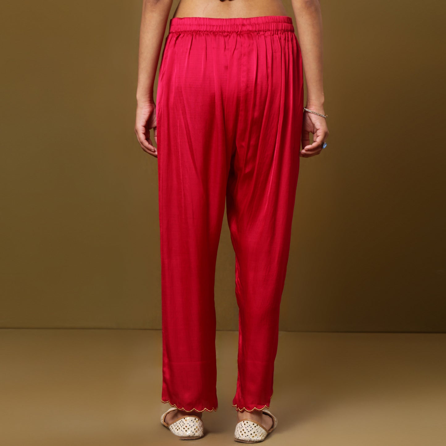 Fuschia pink Ankle pants with scallop zari work detailing