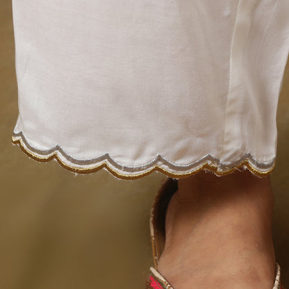 White Ankle pants with scallop zari work detailing