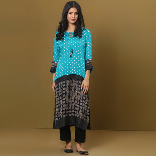 Color Block kurta with ajrakh and bandhni mix