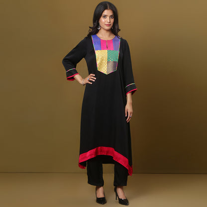 black modal silk kurta with brocade yoke detailing