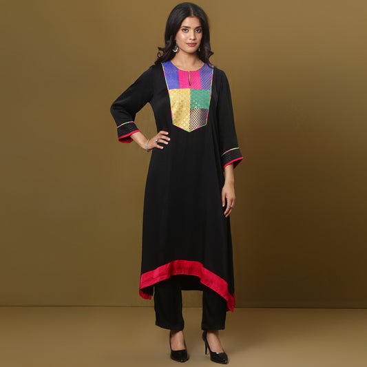 black modal silk kurta with brocade yoke detailing
