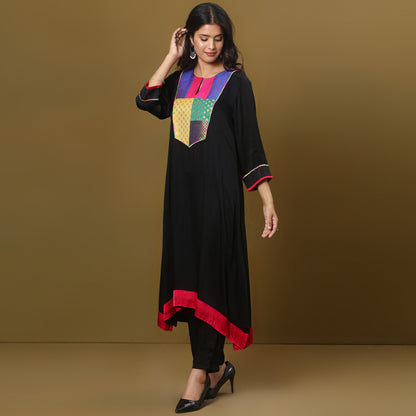 black modal silk kurta with brocade yoke detailing