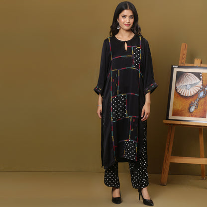 Black modal silk bandhani patchwork kurta