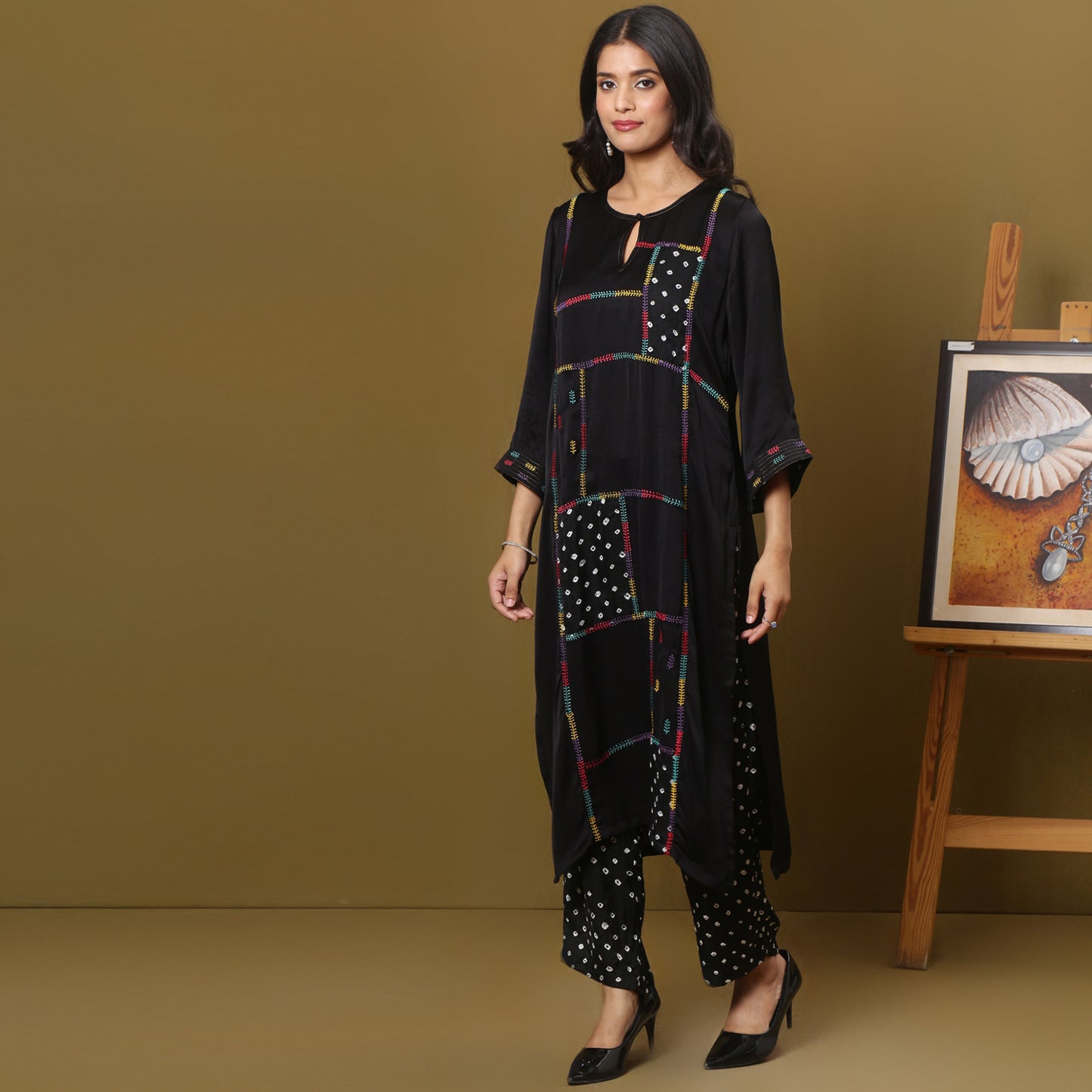 Black modal silk bandhani kurta set