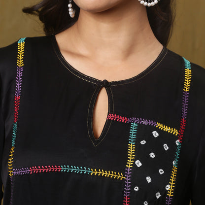 Black modal silk bandhani patchwork kurta