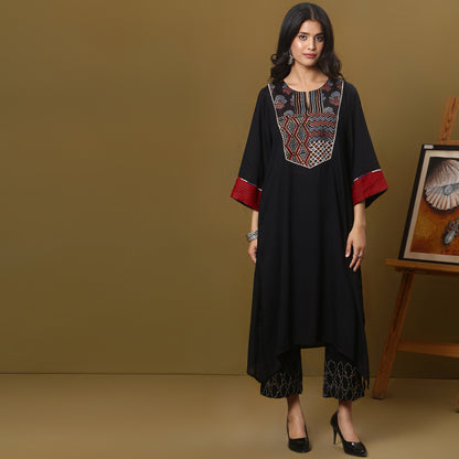 black cotton modal kurta with ajrakh yoke detailing