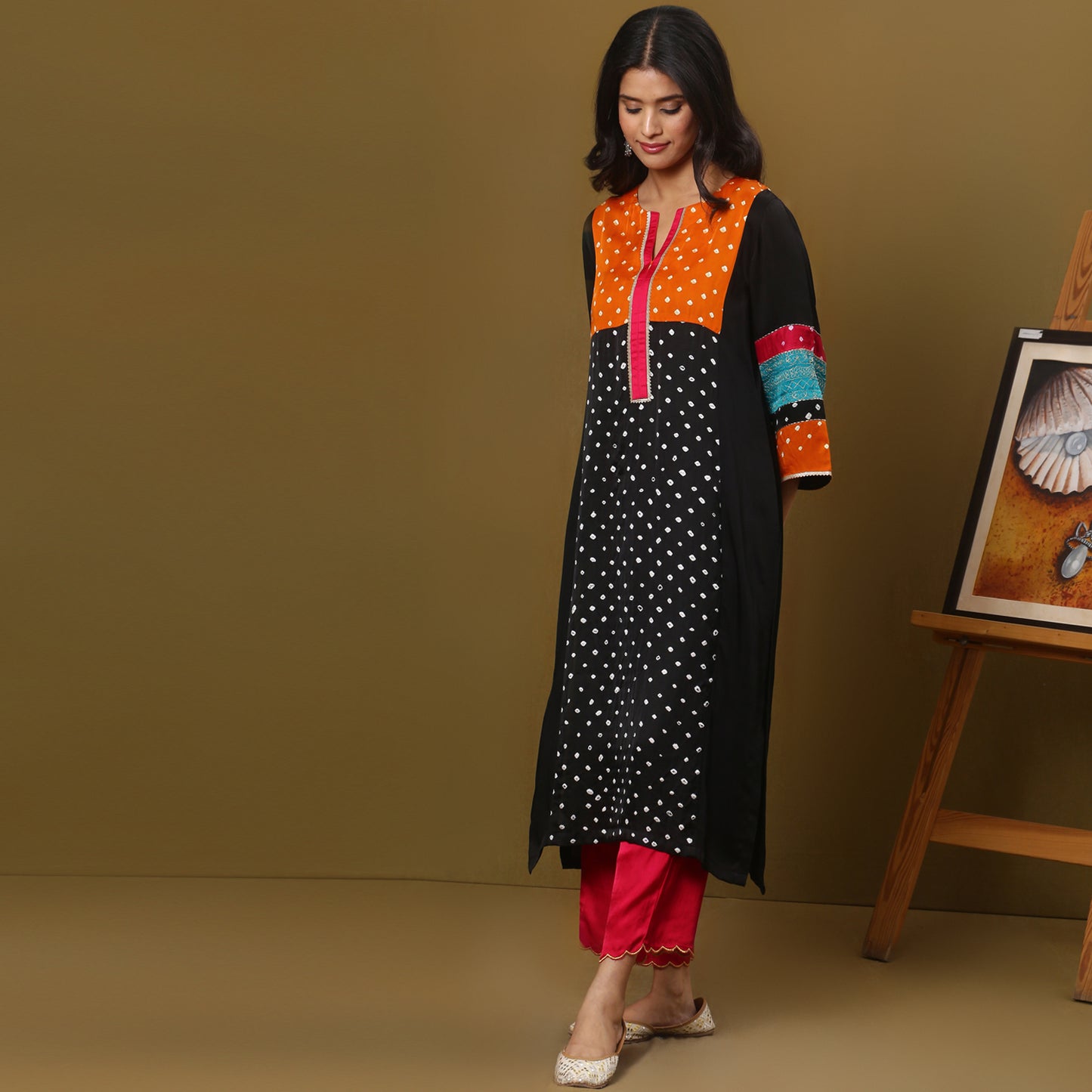 Color block bandhani kurta set