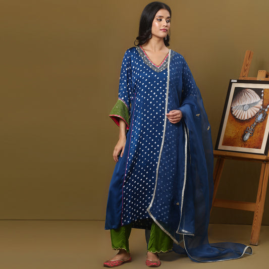 Bandhani A-line kurta set with dupatta