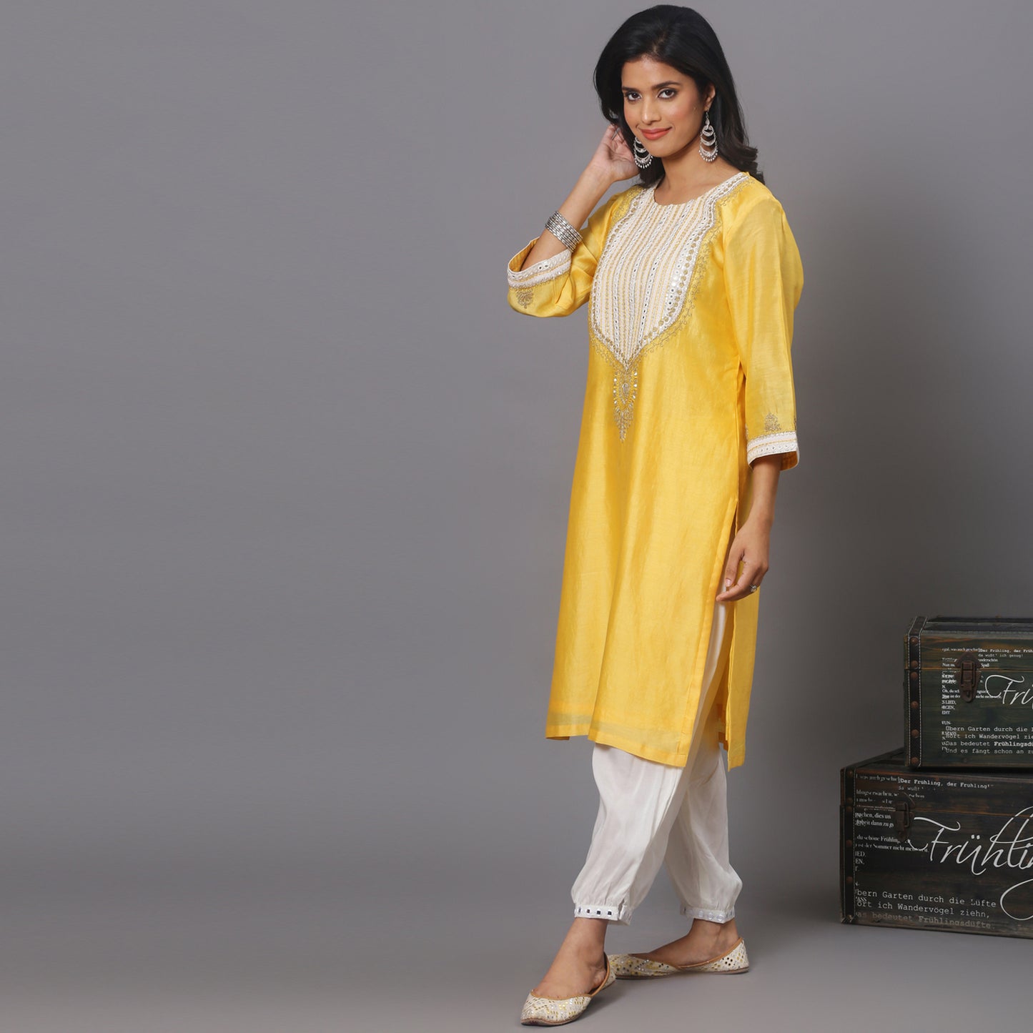 Yellow embroidered kurta set
