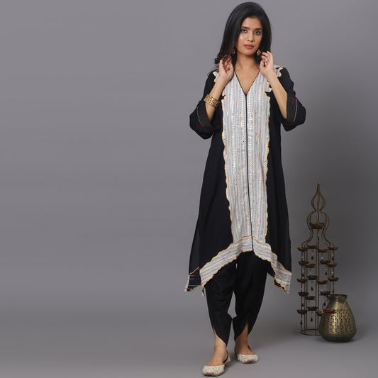 Black sequinced asymmetric kurta dhoti set