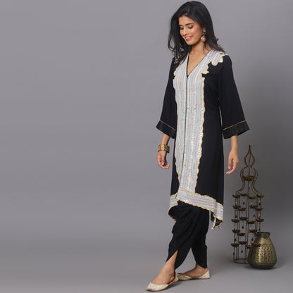 Black sequinced asymmetric kurta dhoti set