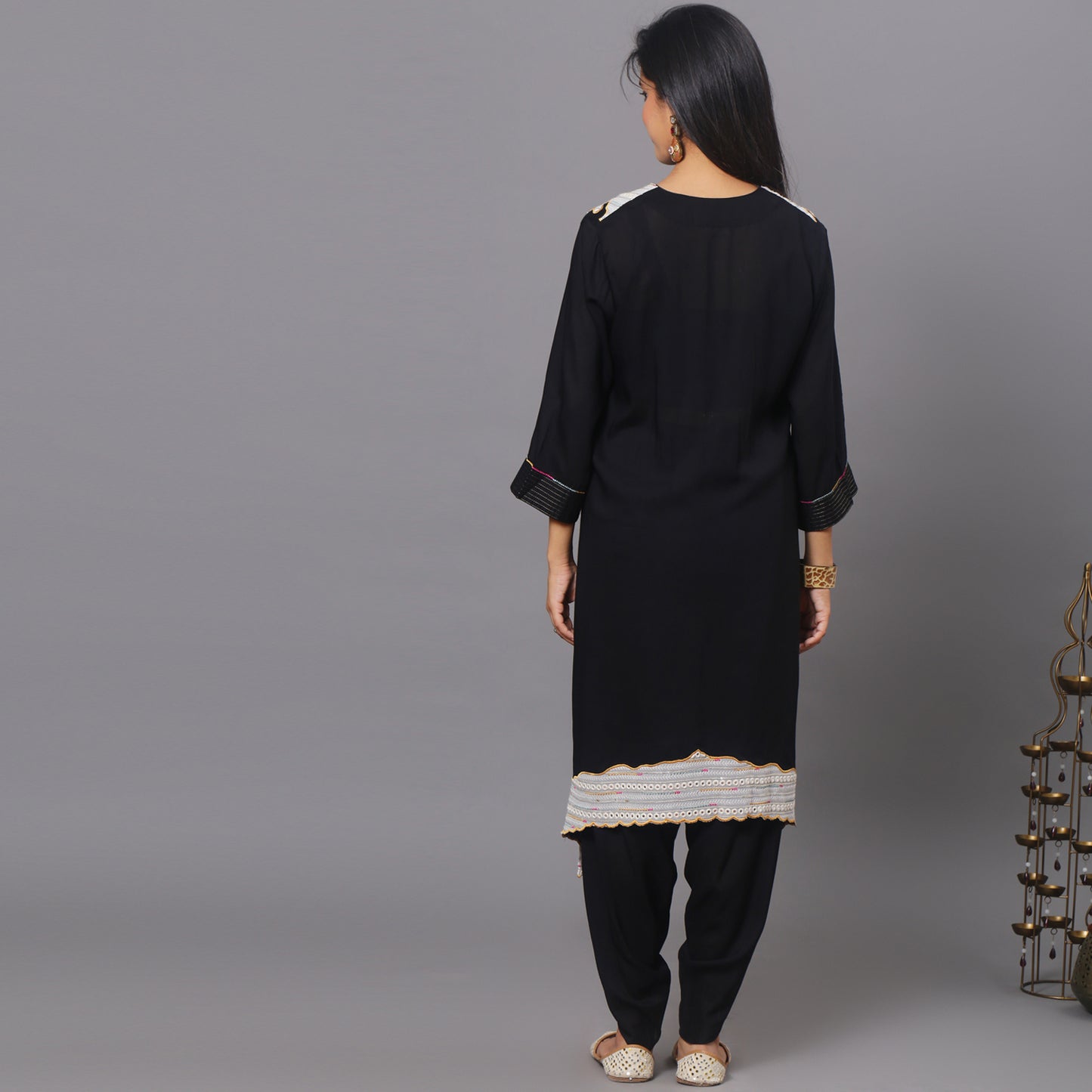 Black sequinced asymmetric kurta dhoti set
