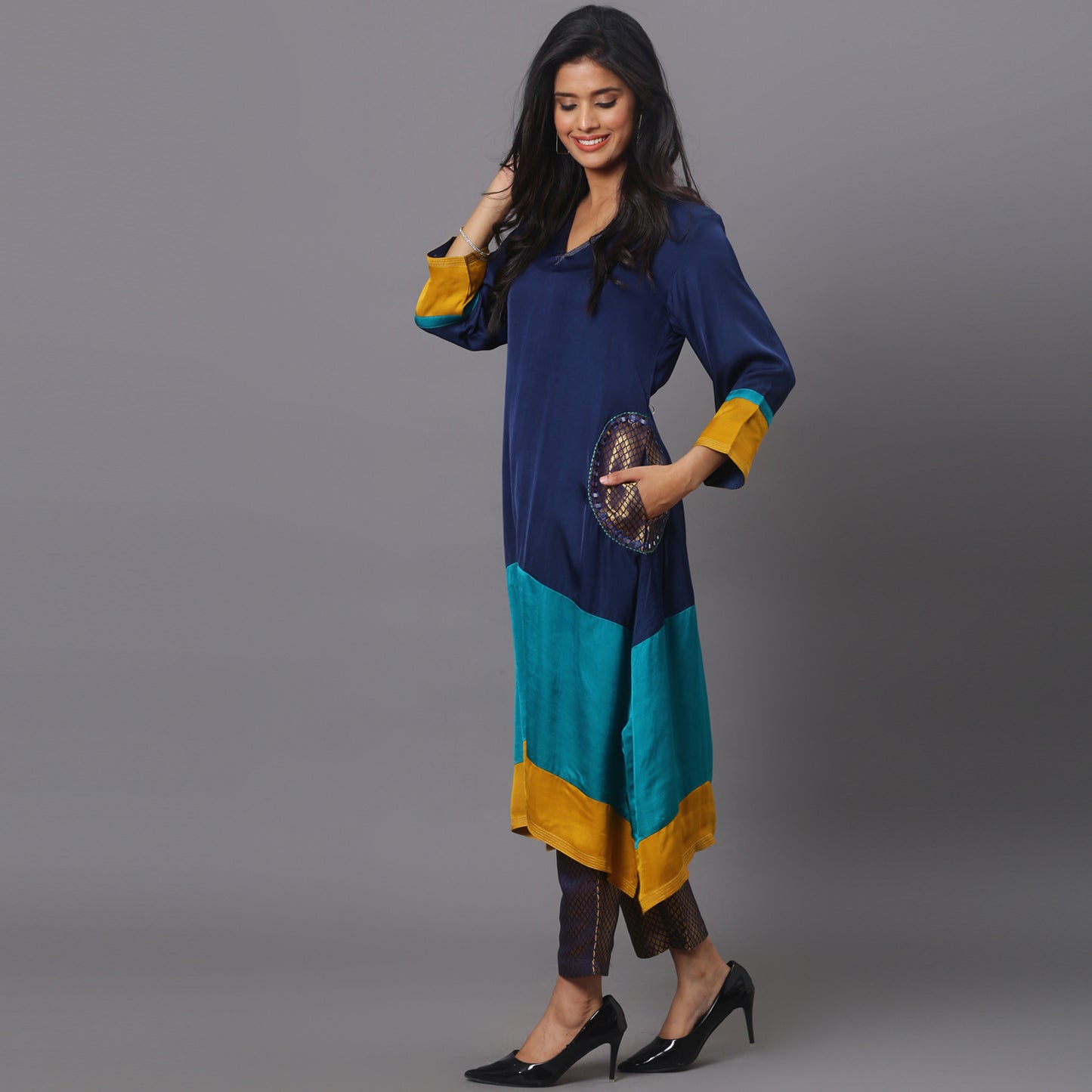 color block kurta set with brocade pants