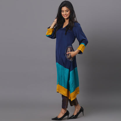 color block kurta set with brocade pants